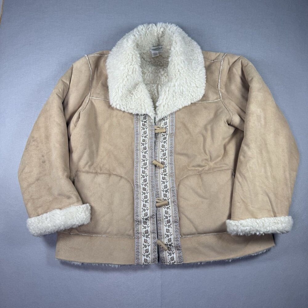 Coldwater Creek Womens 1X Faux Suede Shearling Jacket Tan Western Boho Cottage